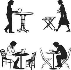 Silhouette of woman working on laptop at desk - vector illustration