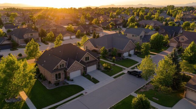 Booming housing market with multiple homes rising above arrow graphs