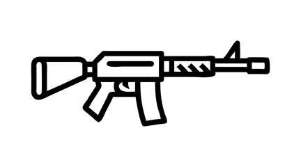 Black and White Minimalist Machine Gun Icon in Line Art for Weaponry and Tactical Representations