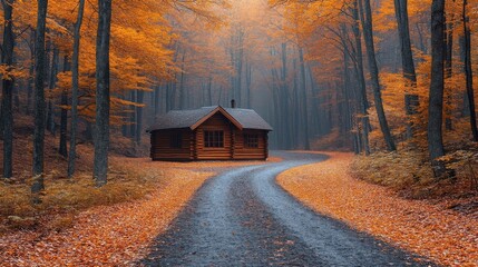 Fototapeta premium Wooden Cabin on a Pathway through Autumnal Forest with Fallen Leaves and Sunlight