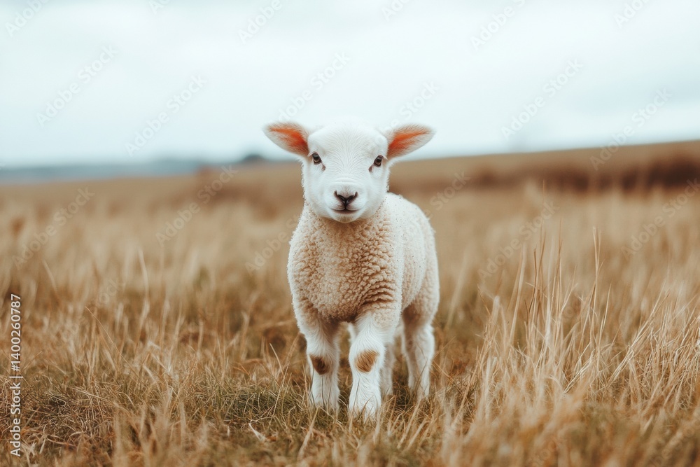 Leinwandbilder lamb standing calmly in a short grass patch under a soft white background on an overcast day
