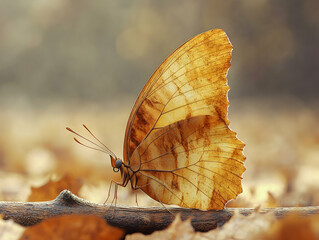 Obraz premium Golden butterfly with detailed wings sits on a twig surrounded by blurry leaves on a sunny day