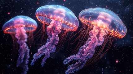 Obraz premium A mesmerizing bioluminescent jellyfish floating gracefully in the vast expanse of space, its iridescent body emitting vibrant colors that stand out strikingly against the inky black backdrop.