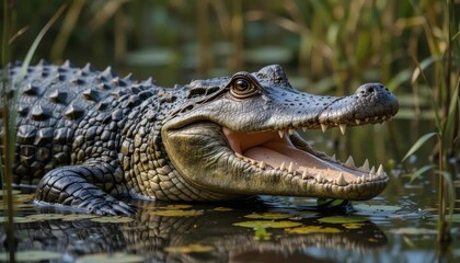 Obraz premium American Alligator in Swamp, Open Mouth, Close-Up