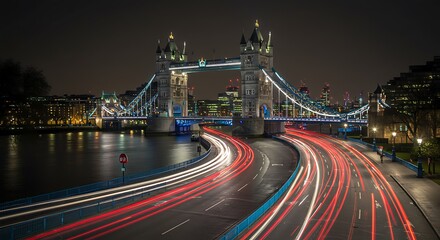 Obraz premium Night Lights Across The Thames Cityscape Symphony In Motion London Bridge Light Trails Tower Bridge Night Drive Illuminated Cityscape Streaks Of Light And Shadow AI Generated