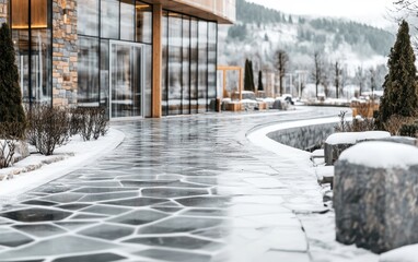 Fototapeta premium Snowy walkway with a stone bench in front of a building, creating a serene winter scene.