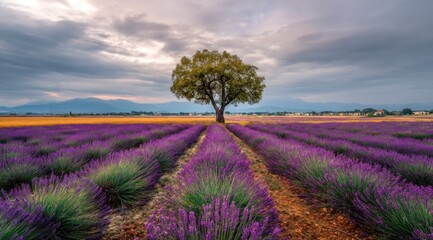 Tree Standing in Lavender Field Under Cloudy Sky in Provence France