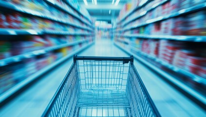 Empty shopping cart in a grocery aisle