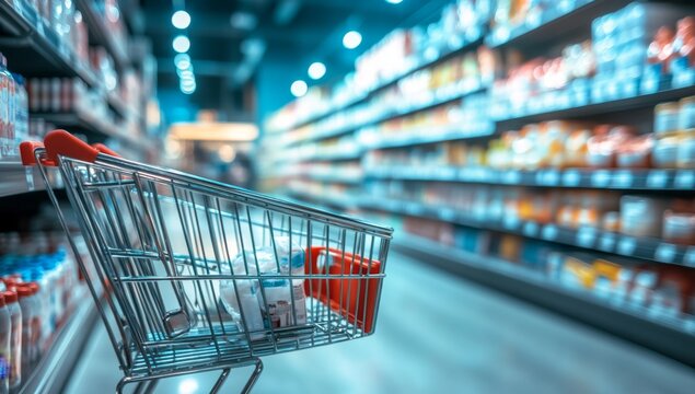 Shopping cart in a supermarket aisle.  Empty space for items, ready to shop