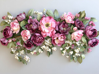 An illustration of pink and burgundy peonies, arranged with small white flowers and green leaves. This stock image may be suitable for submission.