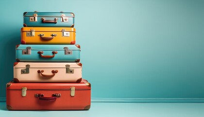 Colorful vintage suitcases stacked on a light blue background with copy space
