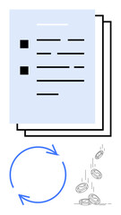 Stack of documents representing work process, blue circular arrows for iteration, falling coins for financial growth. Ideal for finance, productivity, planning, collaboration, efficiency, investment