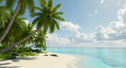 Obraz premium Tropical Paradise: Sun-Drenched Beach, 3D Render AI Generated