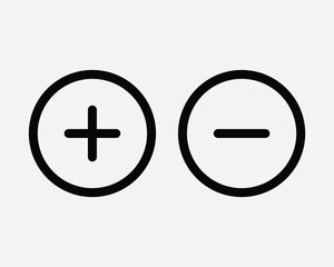 Fototapeta premium Negative and Positive Round Circle Terminal Icon Outline Line Symbol Graphic Vector Two Set Math Plus Minus Add Subtract More Less Zoom In Out Shape