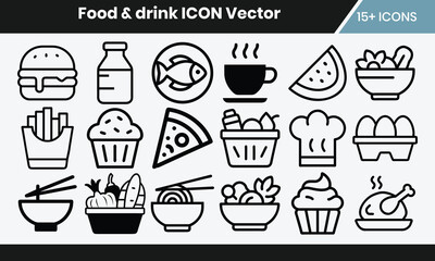 A set of food and drink web icons in line style. Vegetable dish, poke bowl food and healthy salad set. Pizza, pasta spaghetti bowl and burger line icon collection.