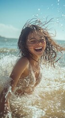 Fototapeta premium Euphoric laughter in sea, a moment of joy, splashes under blue sky, sun kissed