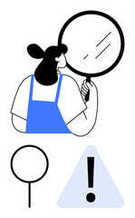 Woman holding magnifying glass observing closely, circular magnifying tool, and caution symbol. Ideal for research, analysis, inquiry, inspection, investigation problem-solving focus. Flat simple