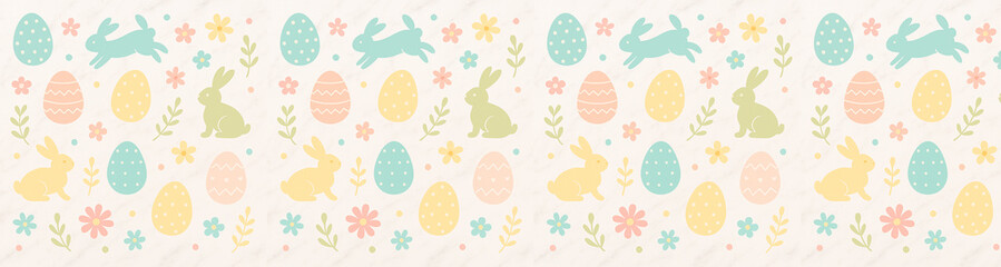 A playful Easter-themed illustration featuring pastel eggs, bunnies, and flowers. Soft tones and a simple composition make it perfect for spring or Easter themes