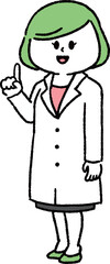 指差しをしている白衣を着た女性（全身）