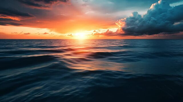 Dramatic ocean sunset, vibrant colors, calm waves