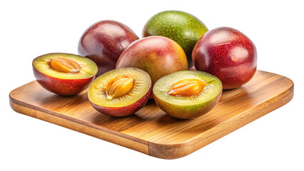 Ripe plums on a wooden cutting board delicious and juicy fruit