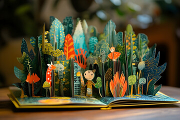 Open book with a pop up forest and paper figures