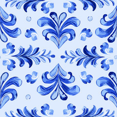 Seamless pattern with plant patterns in the Baroque or antique Rococo style in rich blue on a light background. Refined plant ornament for wallpaper, backdrops, printing on fabric and textiles