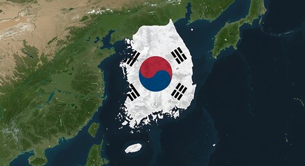 Korean Peninsula Satellite View Flag Overlay A Nation's Heartbeat From Above South Korea Geographic Beauty Aerial View Of The Korean Peninsula Earth's Embrace Korean Flag Map AI Generated