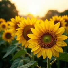 Fototapeta premium Close-up of sunflowers illuminated by sunlight, sunlight, sunflowers