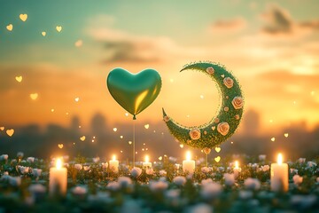 Green Heart-Shaped Balloons in a Dreamy Meadow for 14th August Celebration