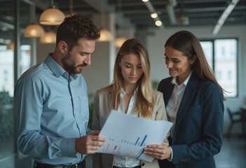 Professional business people. Corporate team working together on project, group of successful man and women in business suits brainstorm discussing financial market data