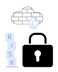 Obraz premium Cloud firewall, blue flame, stacked RISK blocks, black lock with keyhole. Ideal for cybersecurity, data protection, risk mitigation, IT security, digital safety privacy abstract line flat metaphor