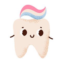 Cute tooth character with a toothbrush. Concept for dental hygiene, kids’ oral care, and dental health. Flat vector illustration.