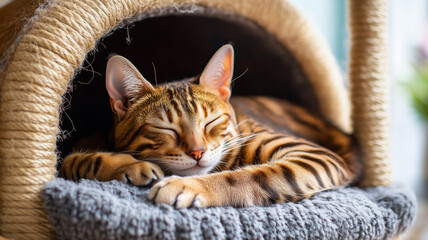 Bengal cat enjoys a peaceful nap in cozy cat house during sunny afternoon