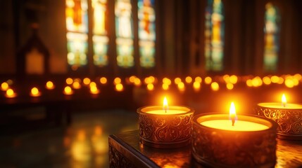 Lit candles of various sizes on a table with blurred stained glass windows and warm lighting in the background.