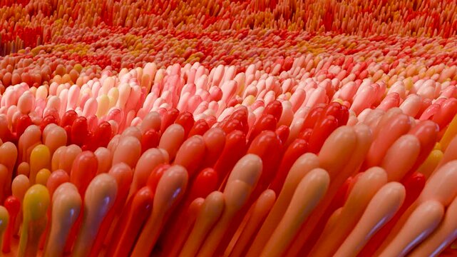 intestinal villi, Red microvilli in  intestinal tract. close-up, Microbiology, anatomy, biology, science, medicine, medical and healthcare concepts, Digestive system, epithelial cells, loop, 3D Render
