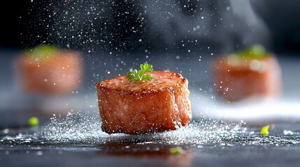 Seared meat with herb garnish high speed photography