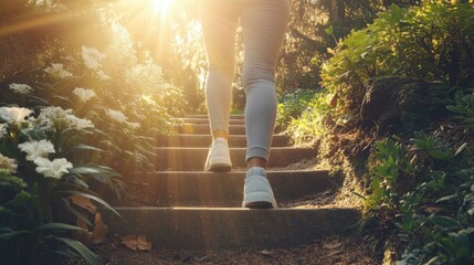 Rear view of active legs ascending garden path stairs, sunlight radiating through forest.