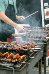 Chef Grilling Meat Skewers Street Food