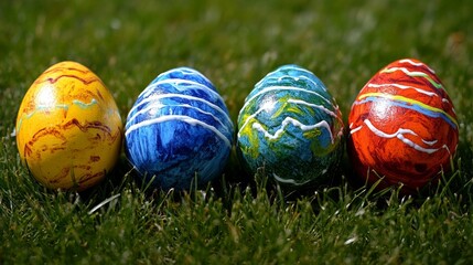 Fototapeta premium Four colorful easter eggs resting on a grassy field.