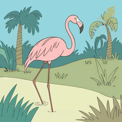 Fototapeta premium Cartoon Flamingo In Tropical Setting