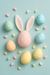 aster eggs pastel colors, bunny ears, light blue background, flat lay composition, soft lighting, decorative eggs, polka dot pattern, spring holiday theme, minimalist aesthetic, scattered candy