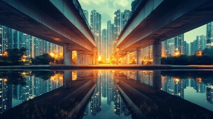 Obraz premium Futuristic cityscape with symmetrical water reflections