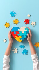 Puzzle Heart Held, Blue Background