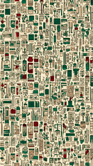 Fototapeta premium Dense pattern of sketched kitchenware, plants, and containers, creating a busy, textured visual. Represents abundance, domesticity, or a playful depiction of kitchen life