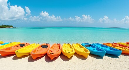 Obraz premium Colorful kayaks lined up on shoreline beside clear turquoise water