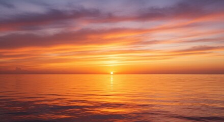 Fototapeta premium Orange and pink tropical sunset reflected on still water surface with clear sky