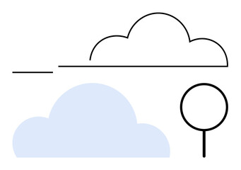 Outlined cloud, abstract blue cloud, and stylized tree with straight trunk represent nature and simplicity. Ideal for weather, climate, environment, minimalism, design outdoors creativity. Flat