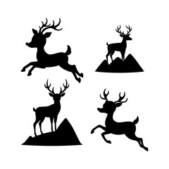 Silhouette illustration of four deer in various poses with mountains on white background