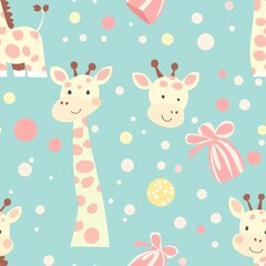 Animal print pattern giraffe vintage seamless concept. A playful pattern featuring cheerful giraffes and colorful polka dots on a light blue background, ideal for children's decor or fabric designs.